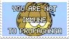 stamp with Garfield the cat on it. Text reads 'You are not immune to propaganda'